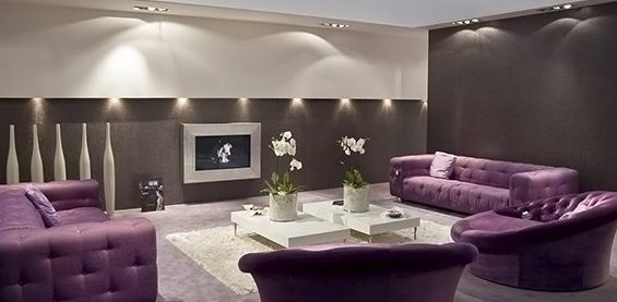Canapés lilas sombres dans une chambre spacieuse