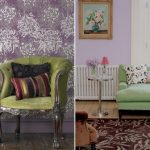 Mobilier vert pour le salon avec des murs lilas doux