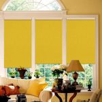 Rideaux à rideaux jaunes sur la fenêtre cintrée