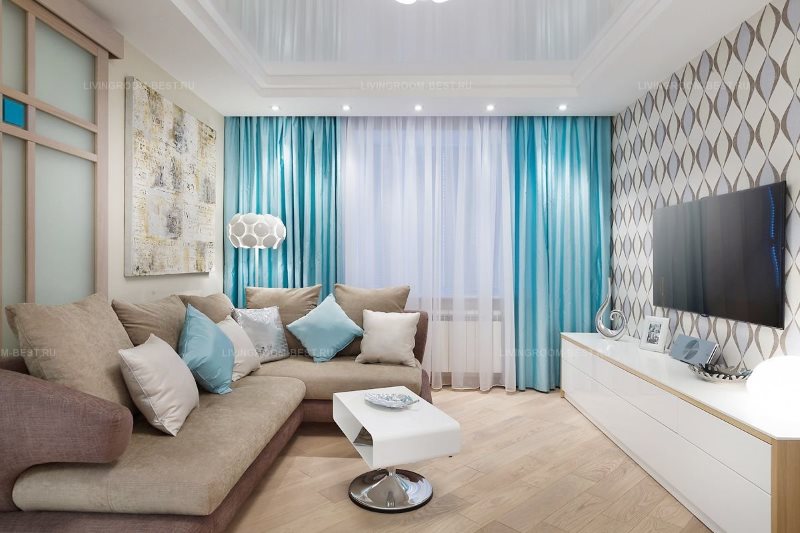 Salon moderne avec des rideaux turquoise